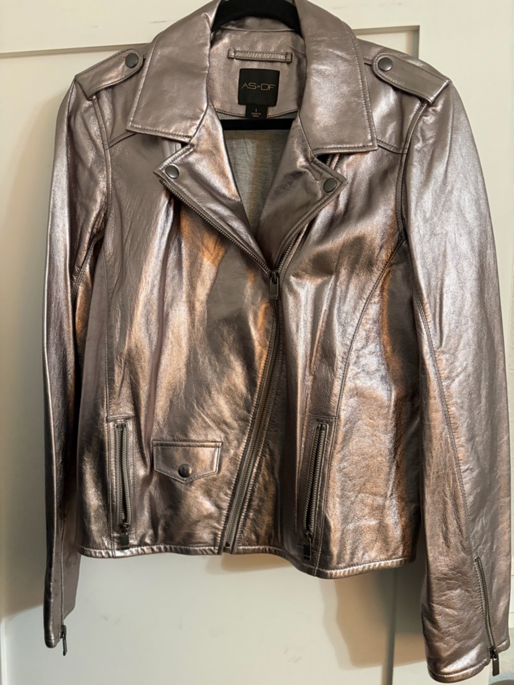 AS•DF Silver Metallic Leather Moto Jacket
